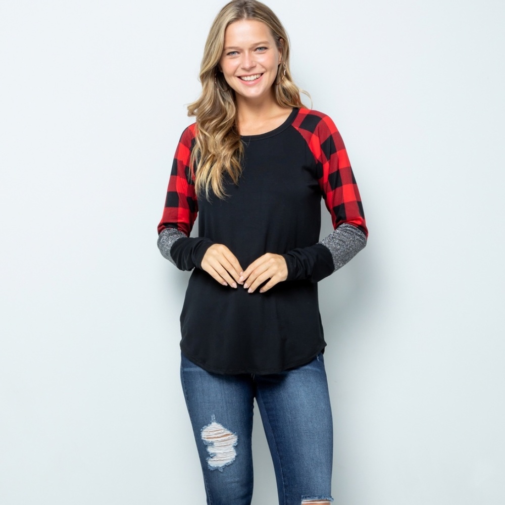 Buffalo plaid long sleeve boutique top white/red